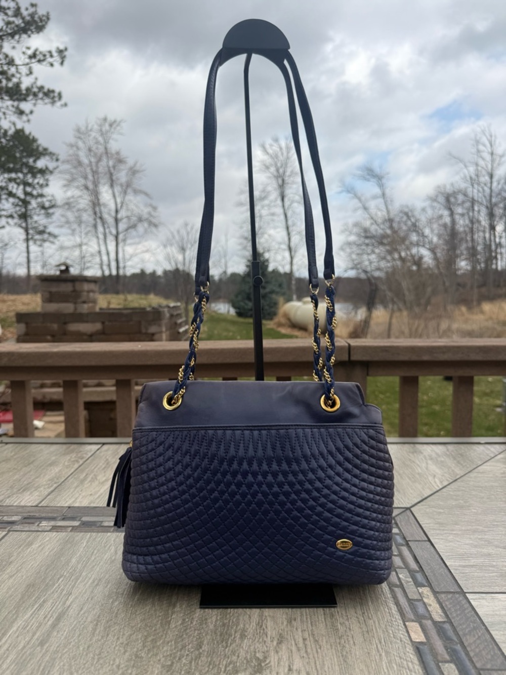 EUC Bally Vintage Soft quilted leather Navy Blue Gold Tassels shoulder Bag - Picture 3 of 15